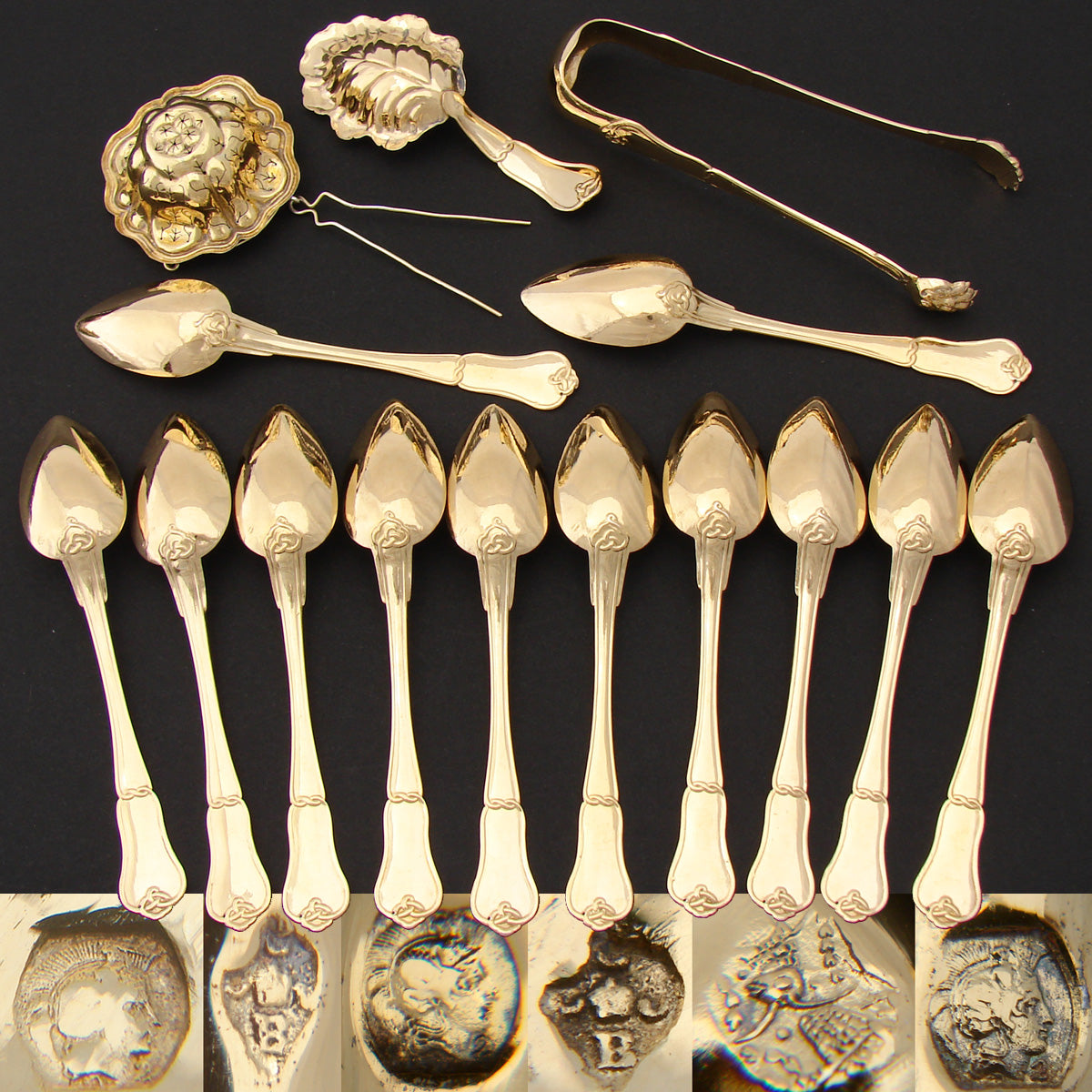 Antique French Hallmarked 18k Gold on Silver Vermeil 12pc Teaspoon, Tongs, Strainer & Scoop Set, Boulle Style Brass Inlay Box