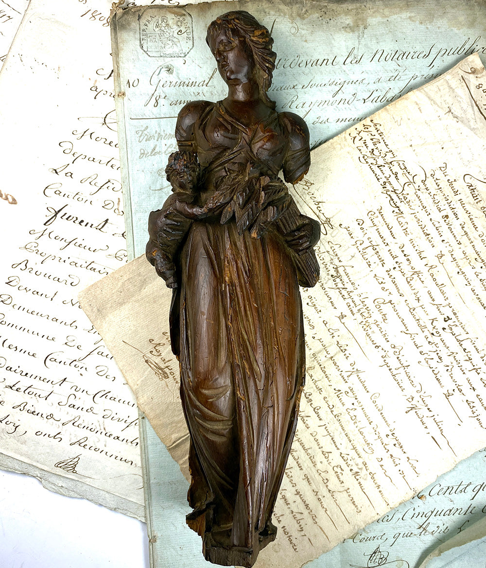 Antique 18th Century French Carved Wood Figure, Classical Woman and Child, Statue, Sculpture