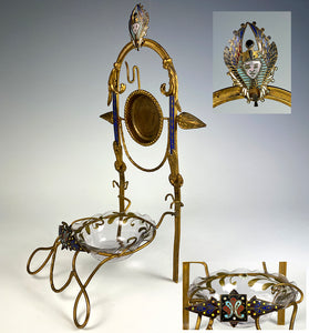 Antique French Napoleon III Era Champleve & Ormolu 9" Pocket Watch & Jewelry Stand, Vide Poche