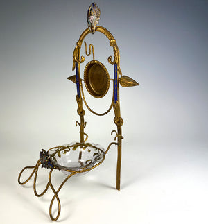 Antique French Napoleon III Era Champleve & Ormolu 9" Pocket Watch & Jewelry Stand, Vide Poche