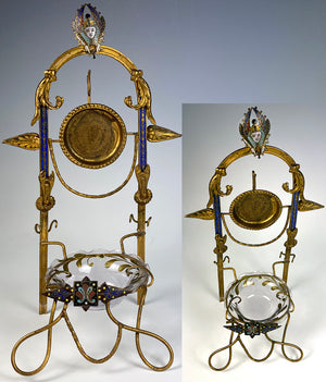 Antique French Napoleon III Era Champleve & Ormolu 9" Pocket Watch & Jewelry Stand, Vide Poche