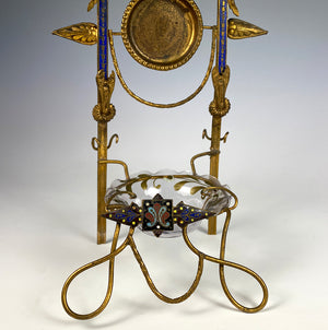 Antique French Napoleon III Era Champleve & Ormolu 9" Pocket Watch & Jewelry Stand, Vide Poche