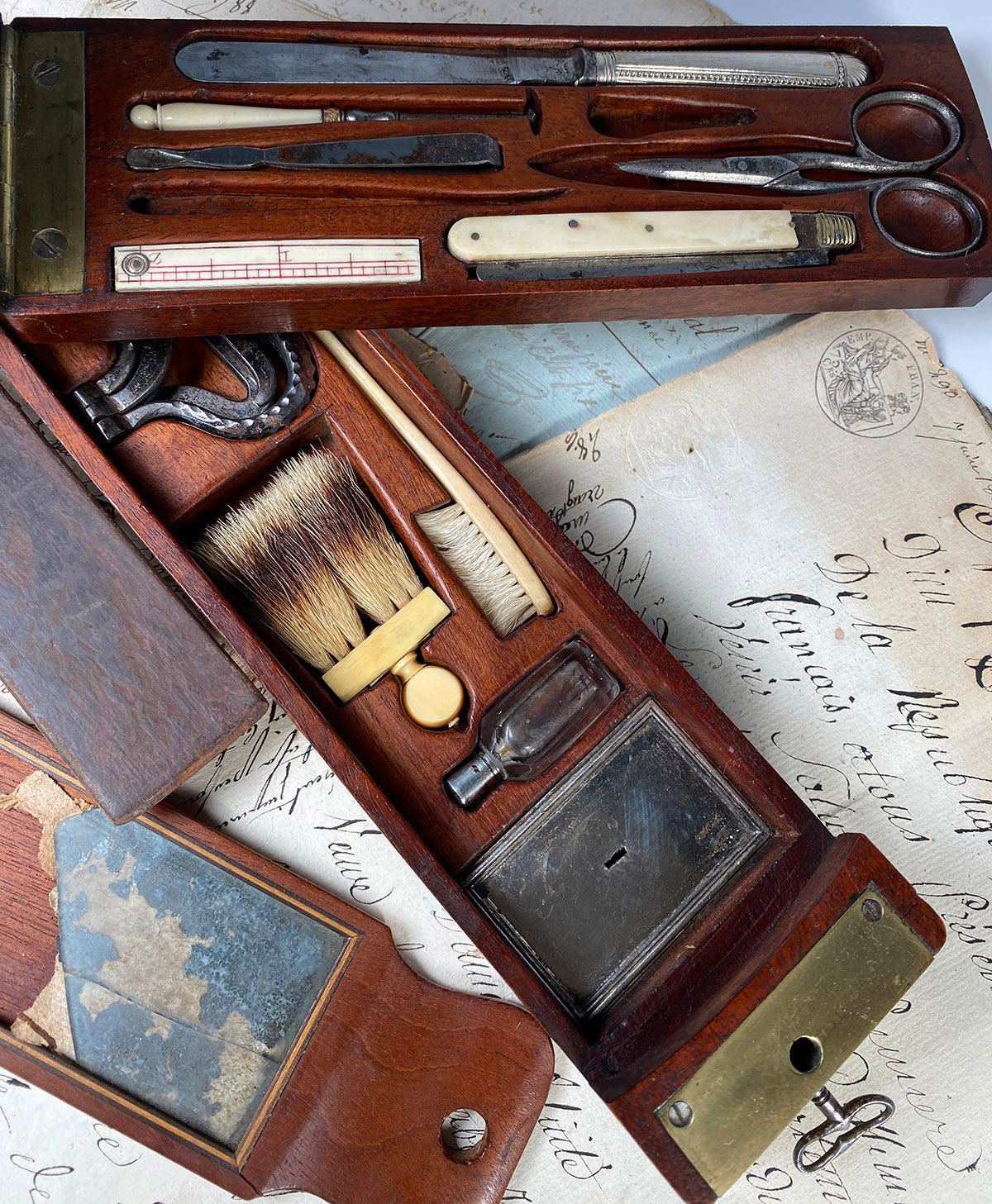 Rare Napoleon Era Military Officer's Vanity Kit, Campaign Necessaire, Ivory, 4 Levels of Tools, Scent Bottle, Razor, etc