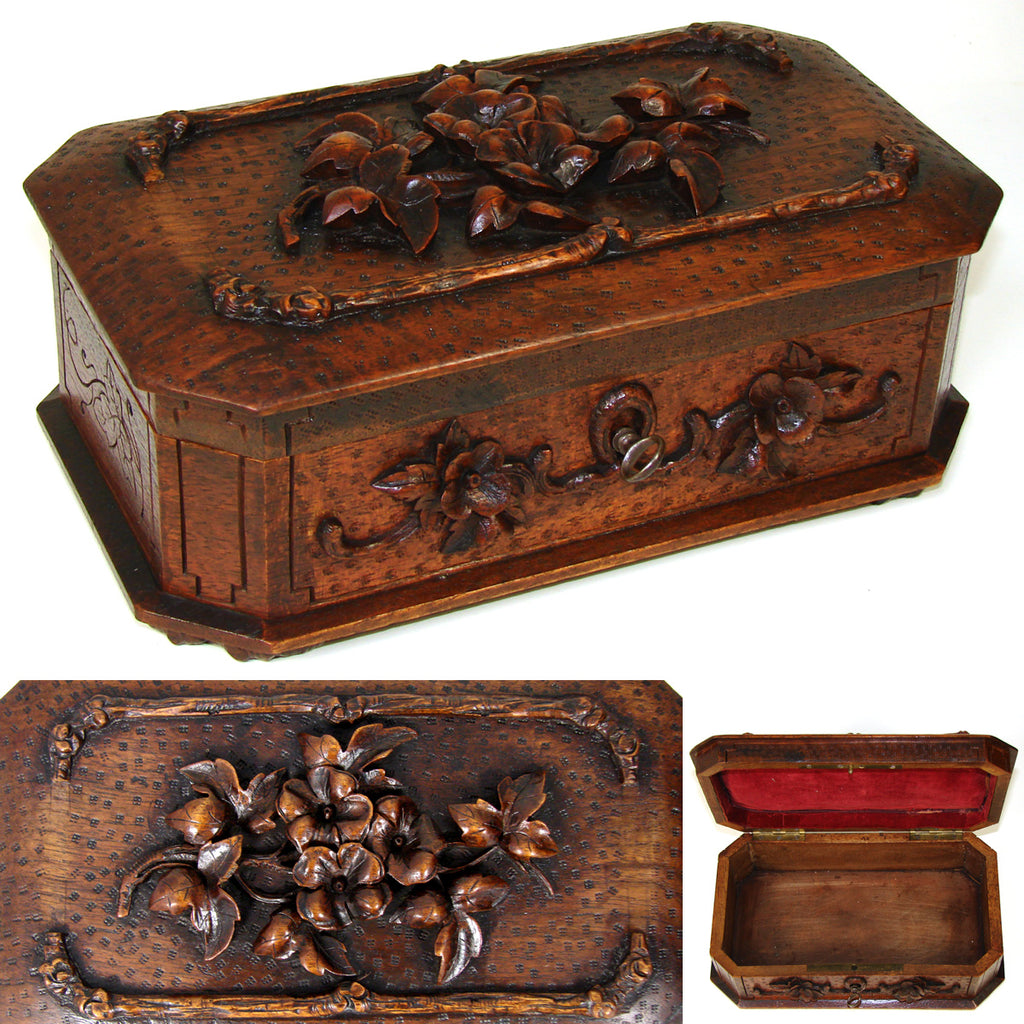 Antique Victorian Era Black Forest Carved 9" Box, Ornate Vines, Foliage & Flower Accents