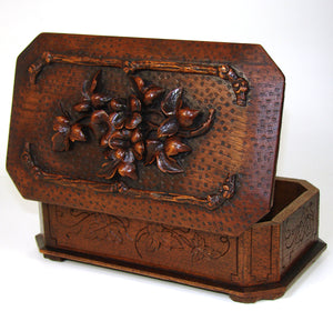 Antique Victorian Era Black Forest Carved 9" Box, Ornate Vines, Foliage & Flower Accents