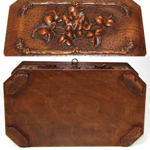 Antique Victorian Era Black Forest Carved 9" Box, Ornate Vines, Foliage & Flower Accents