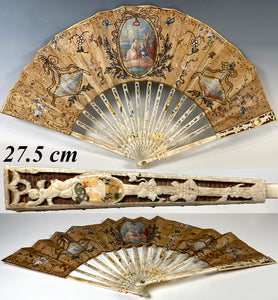 Superb Antique French 27.5 cm Hand Fan, 18th Century Hand Carved Bone, Silk Embroidery, Sequins