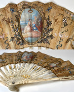 Superb Antique French 27.5 cm Hand Fan, 18th Century Hand Carved Bone, Silk Embroidery, Sequins