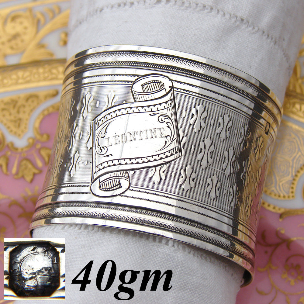 Antique French Sterling Silver 1 7/8" Napkin Ring, Guilloche Style, Banner with "Leontine" Inscription