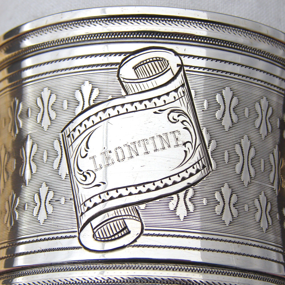 Antique French Sterling Silver 1 7/8" Napkin Ring, Guilloche Style, Banner with "Leontine" Inscription