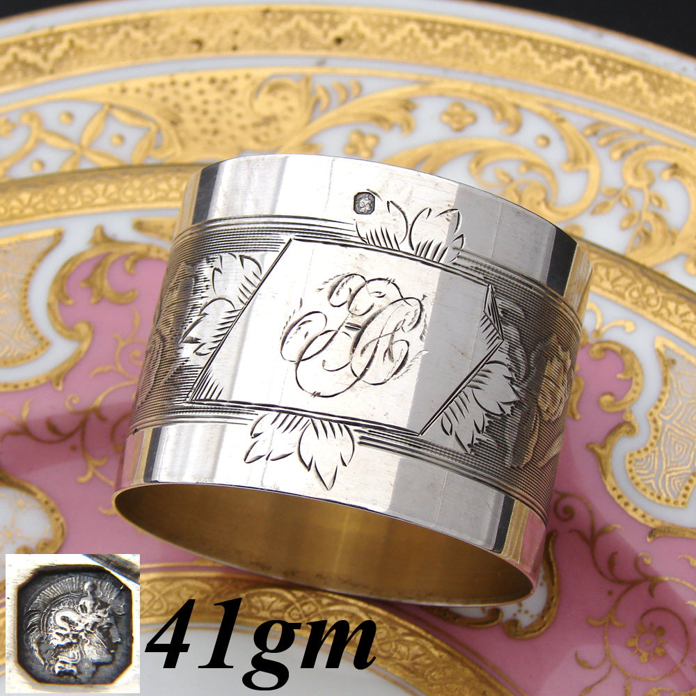 Antique French Sterling Silver 2" Napkin Ring, Floral & Foliate Decoration, "HC" Monogram
