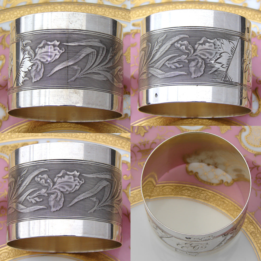 Antique French Sterling Silver 2" Napkin Ring, Floral & Foliate Decoration, "HC" Monogram