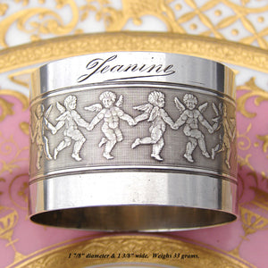 Antique French Sterling Silver 1 7/8" Napkin Ring, Winged Cherubs or Putti, "Jeanine" Inscription