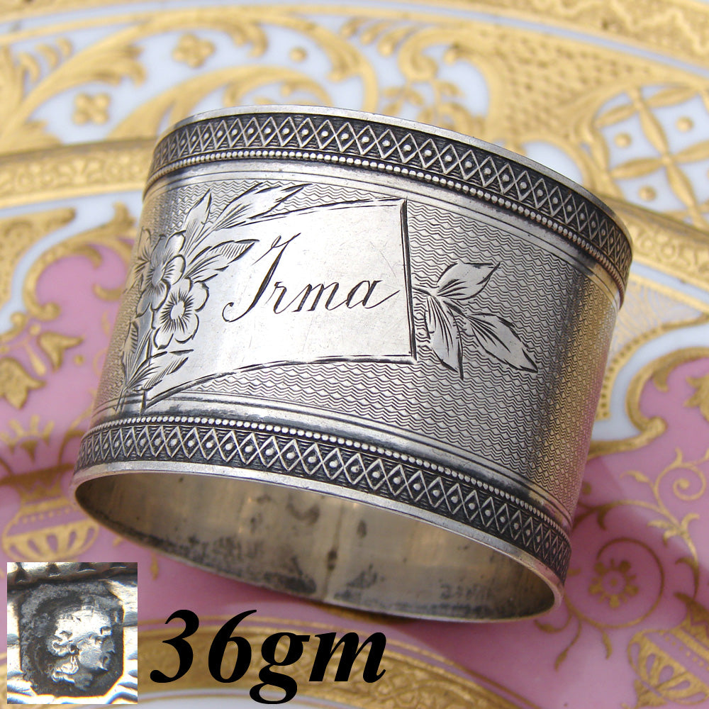 Antique French Sterling Silver 1 7/8" Napkin Ring, Guilloche Style with "Irma" Inscription