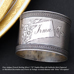 Antique French Sterling Silver 1 7/8" Napkin Ring, Guilloche Style with "Irma" Inscription