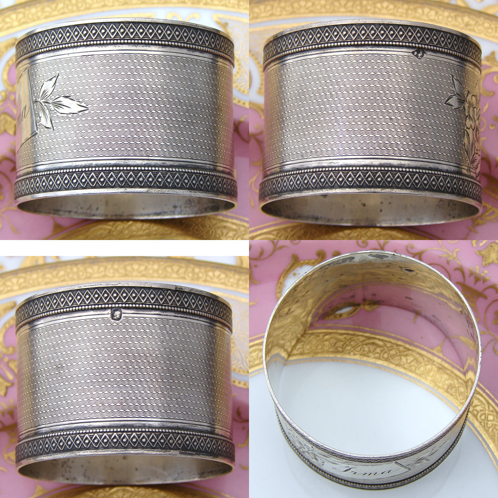 Antique French Sterling Silver 1 7/8" Napkin Ring, Guilloche Style with "Irma" Inscription