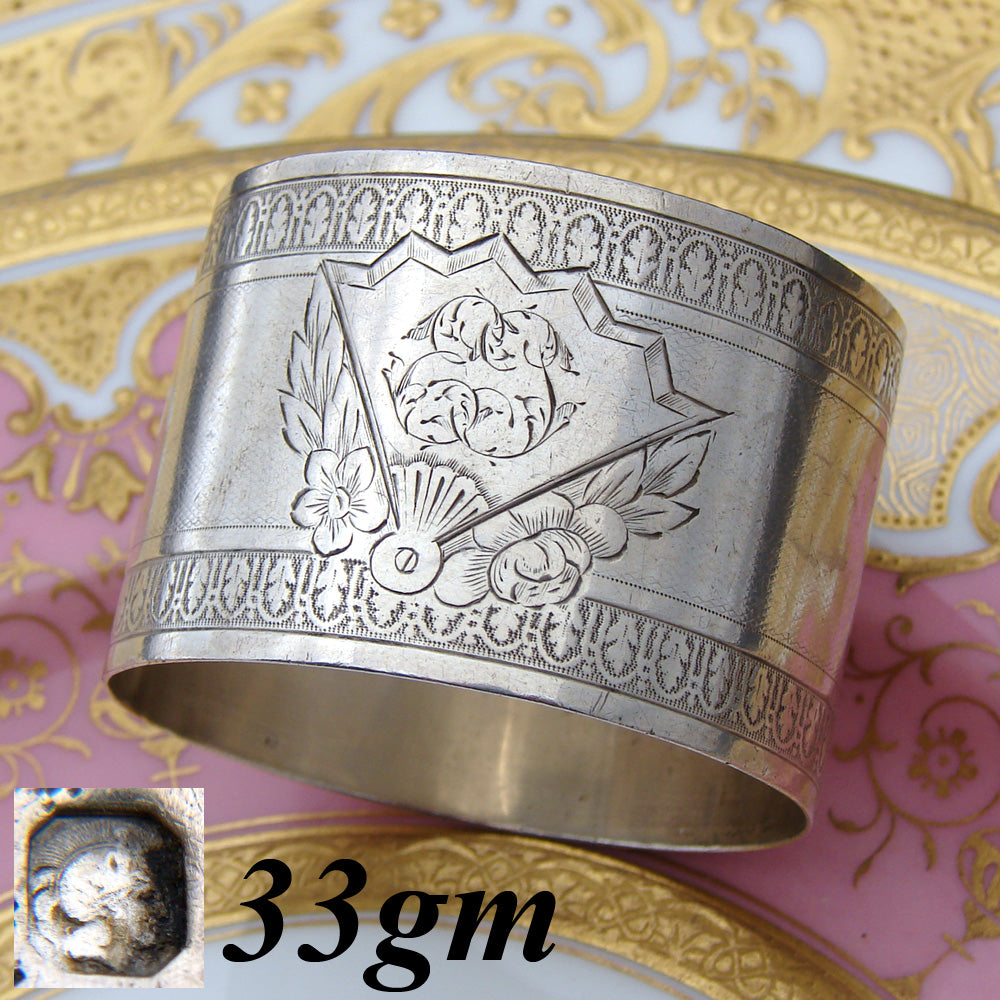 Antique French Sterling Silver 1 7/8" Napkin Ring, Vanity Fan Medallion with "ET" Monogram