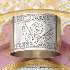 Antique French Sterling Silver 1 7/8" Napkin Ring, Vanity Fan Medallion with "ET" Monogram