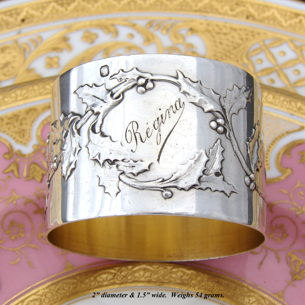 Antique French Sterling Silver 2" Napkin Ring, Mistletoe Foliate Decoration, "Regina" Inscription