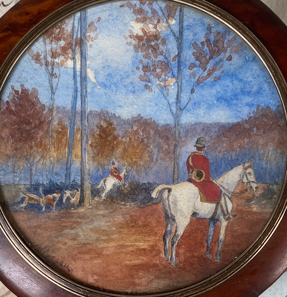Antique French Miniature Signed Landscape Painting or Portrait w Horses, Dogs, 19th Century Burl Snuff Box