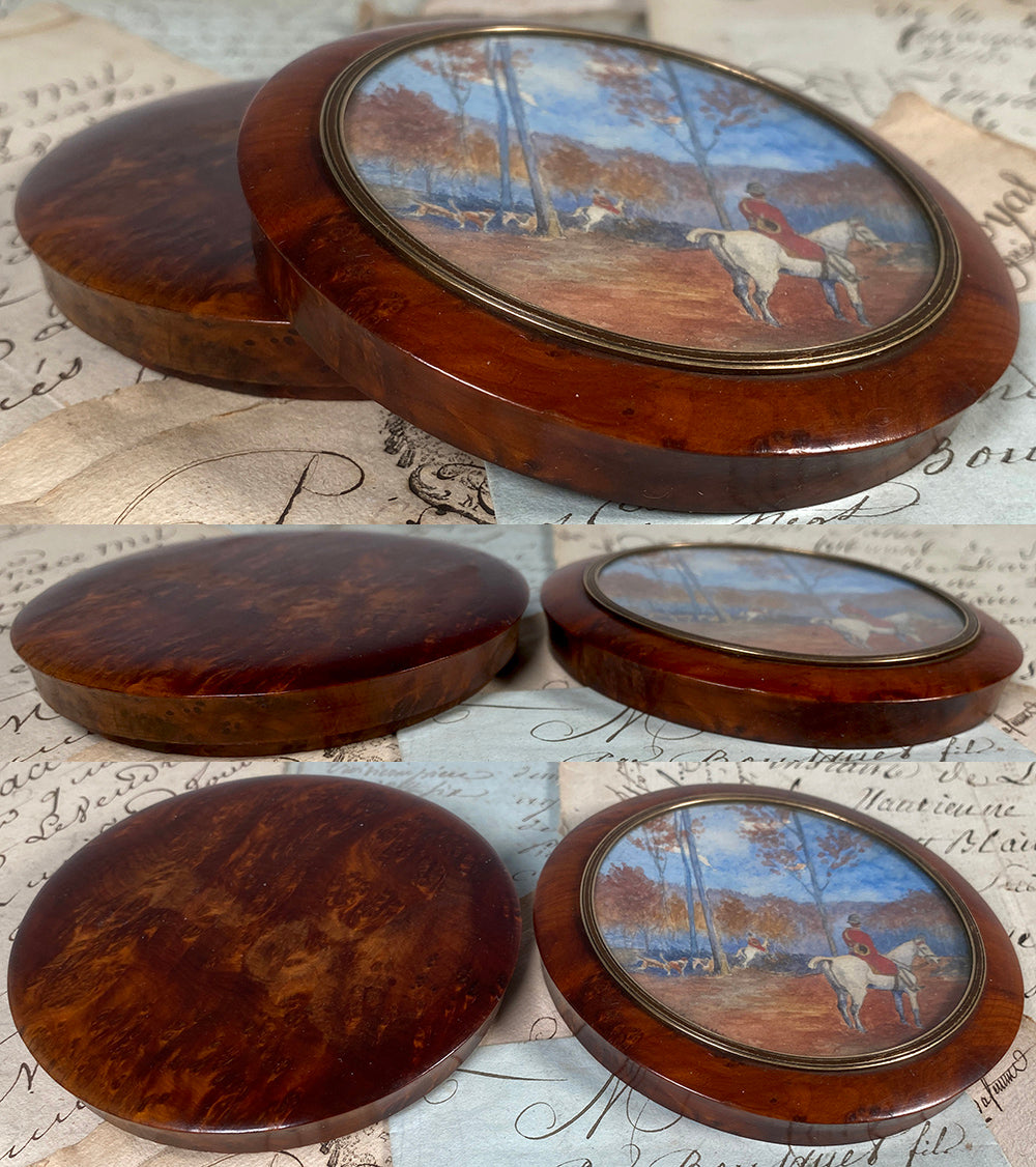 Antique French Miniature Signed Landscape Painting or Portrait w Horses, Dogs, 19th Century Burl Snuff Box