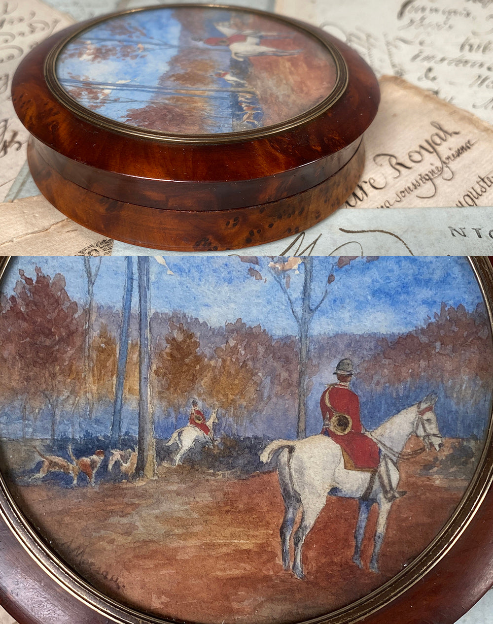 Antique French Miniature Signed Landscape Painting or Portrait w Horses, Dogs, 19th Century Burl Snuff Box