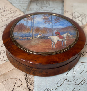 Antique French Miniature Signed Landscape Painting or Portrait w Horses, Dogs, 19th Century Burl Snuff Box