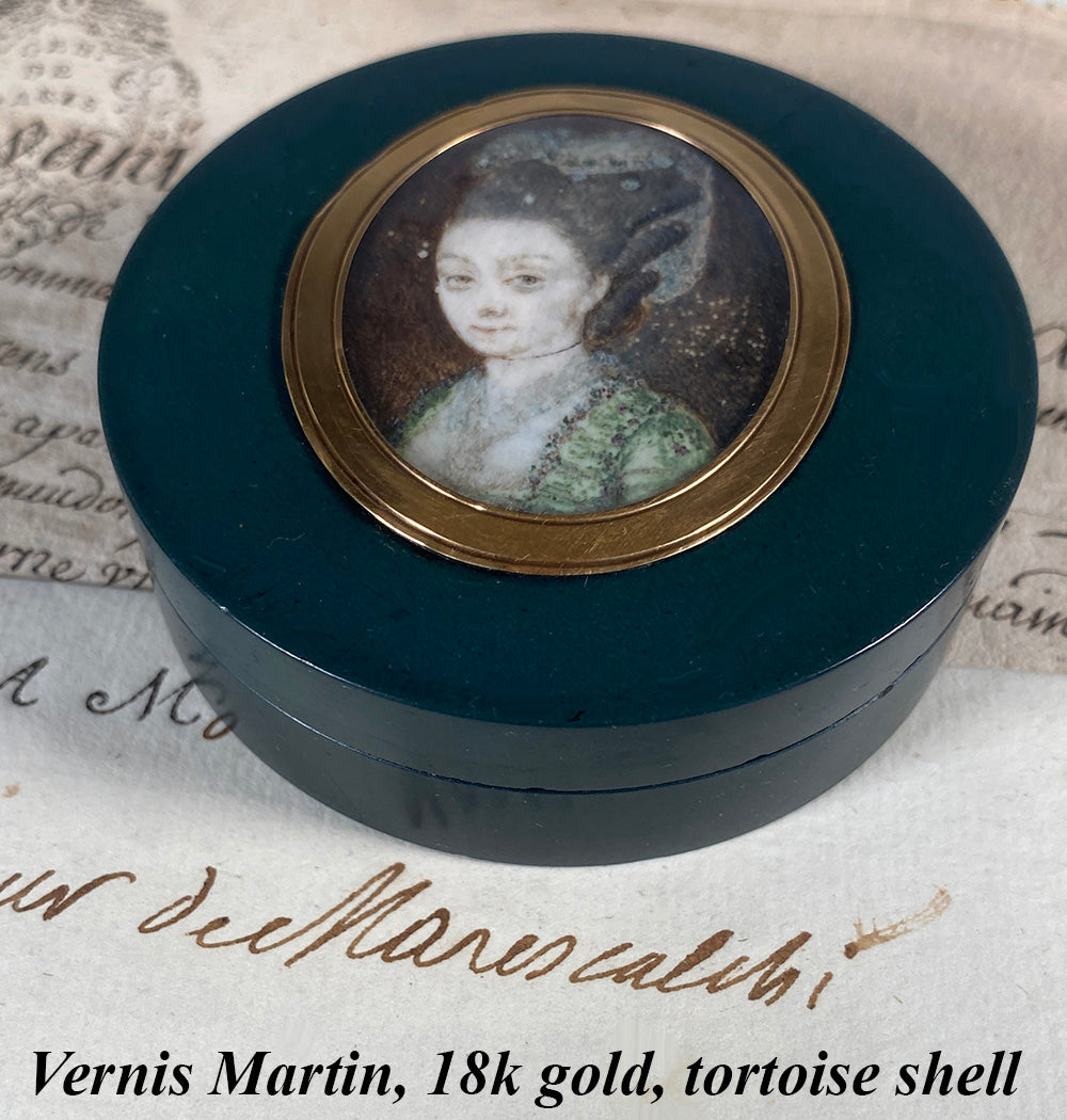 Antique 18th Century French Portrait Miniature Snuff or Patch Box, 18k Gold and Vernis Martin