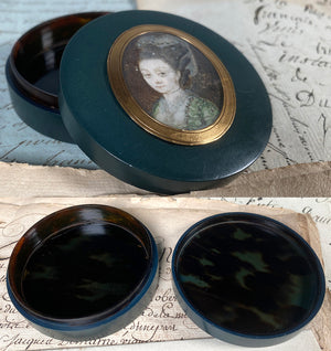 Antique 18th Century French Portrait Miniature Snuff or Patch Box, 18k Gold and Vernis Martin