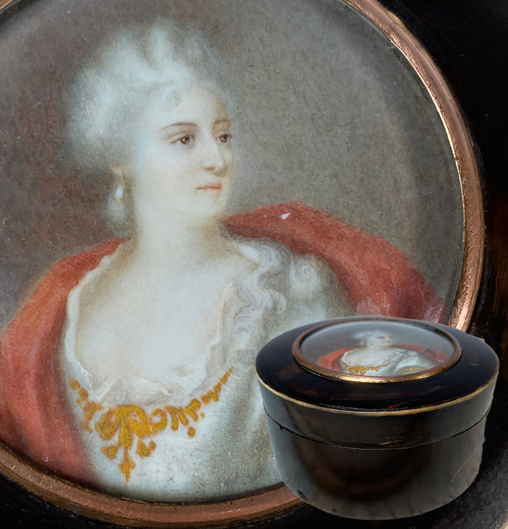 Superb 18th Century Antique French or Continental Snuff or Powder Box Miniature Portrait of Royal or Noblewoman, Tortoise Shell