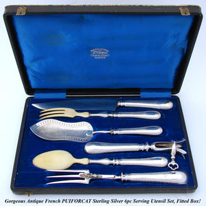 Antique French PUIFORCAT Sterling Silver 6pc Meat & Salad Serving Utensil Set, Pele a Tarte