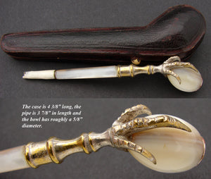 Antique French Carved Mother of Pearl 3 7/8" Tobacco Pipe, Bird's Claw, Orig. Box or Etui