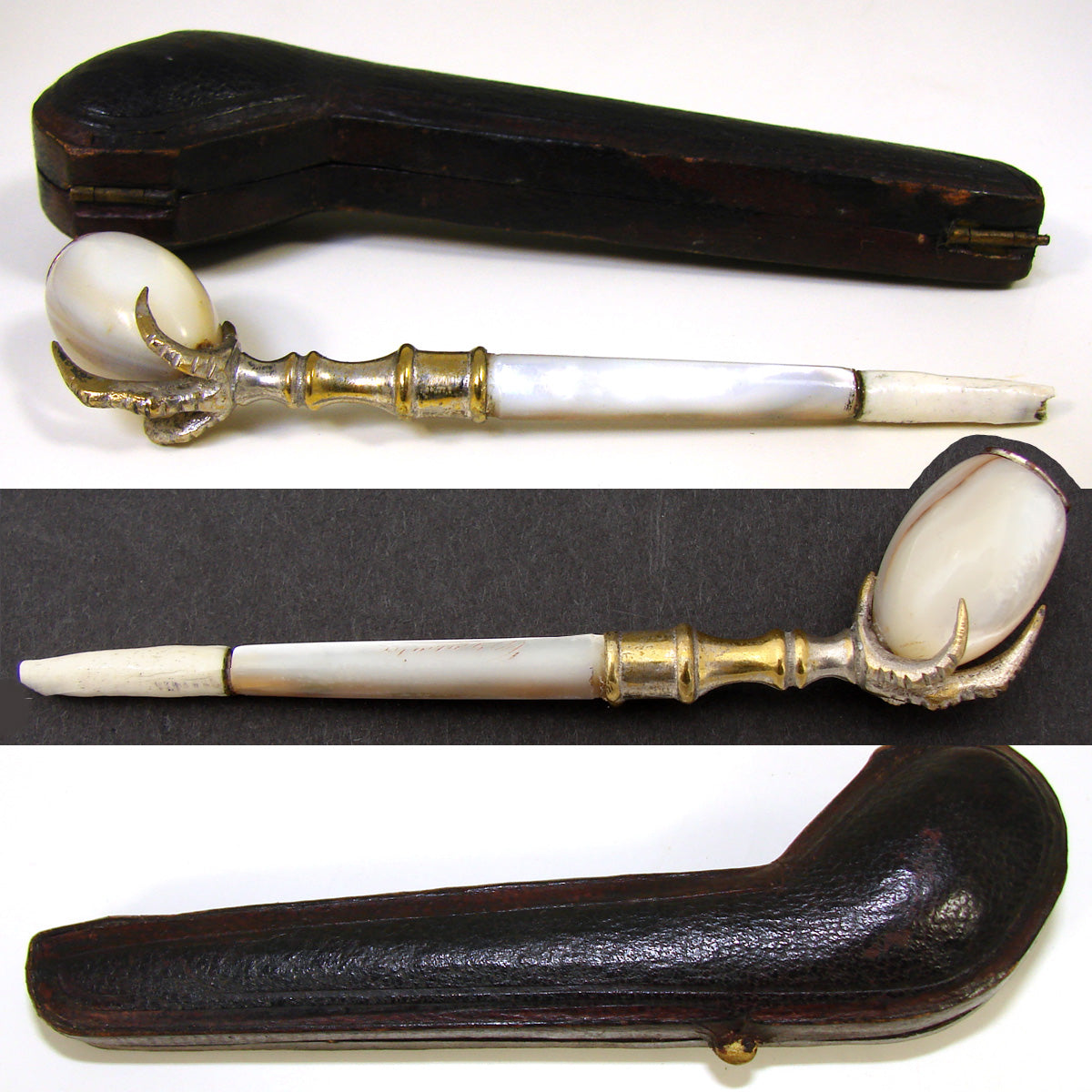 Antique French Carved Mother of Pearl 3 7/8" Tobacco Pipe, Bird's Claw, Orig. Box or Etui