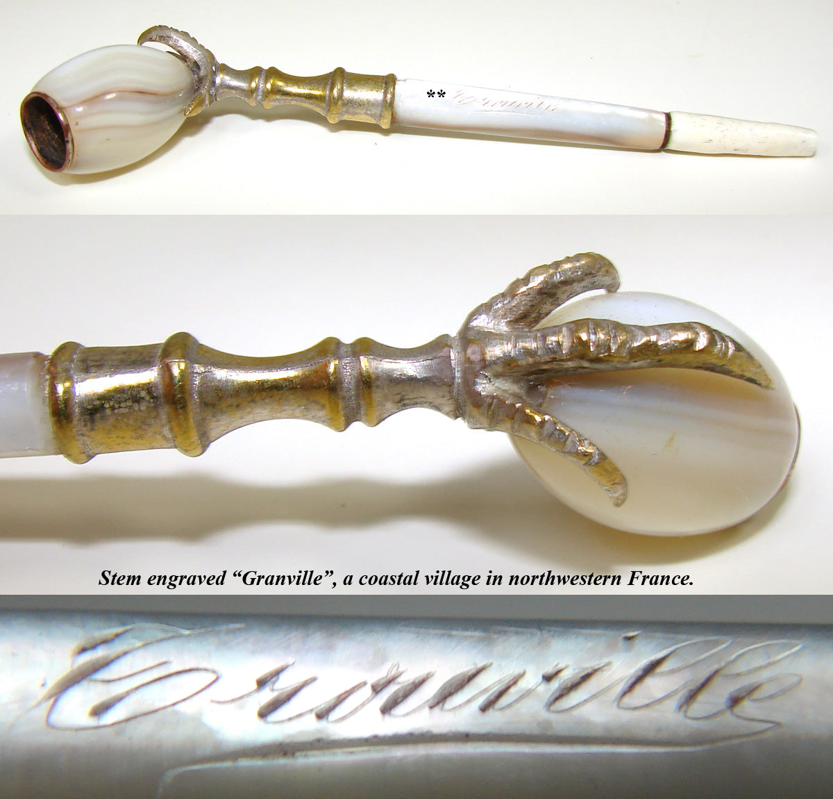 Antique French Carved Mother of Pearl 3 7/8" Tobacco Pipe, Bird's Claw, Orig. Box or Etui