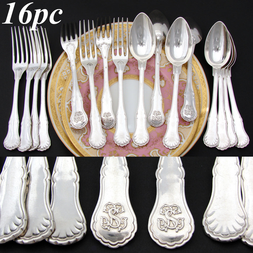 Gorgeous Antique French Sterling Silver 16pc Dinner Sized Flatware Set, Seashell Pattern