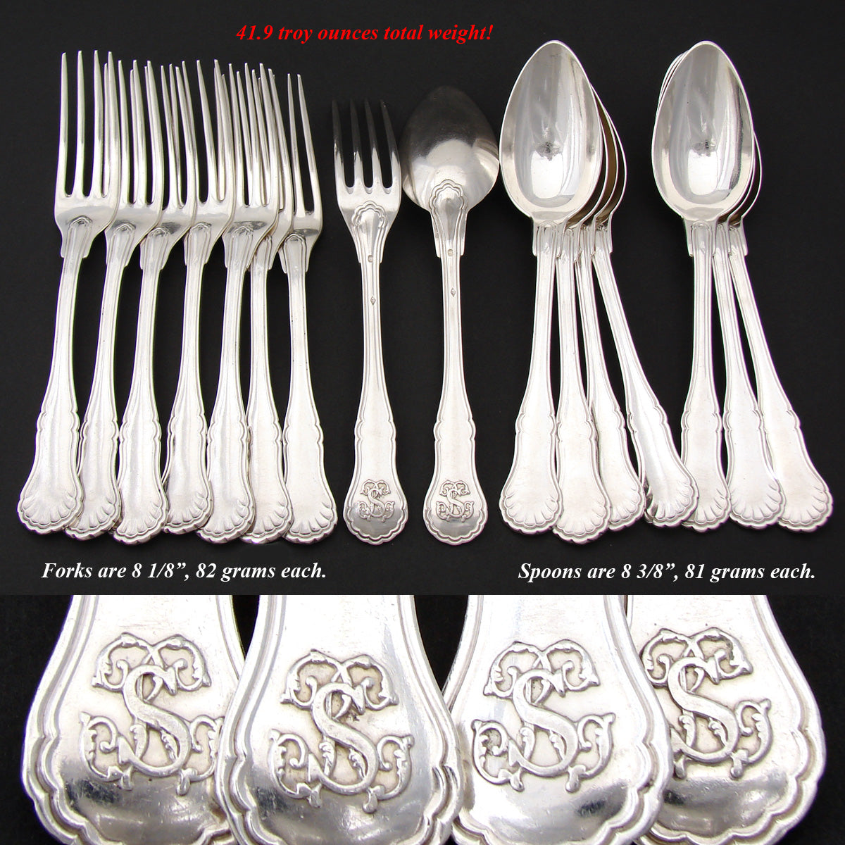 Gorgeous Antique French Sterling Silver 16pc Dinner Sized Flatware Set, Seashell Pattern