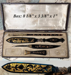 Rare Antique c.1800 French Writer's Set, 18k Gold Pique in Tortoise Shell, Seal, Pen, 4 tools in Original Box, Etui, Necessaire
