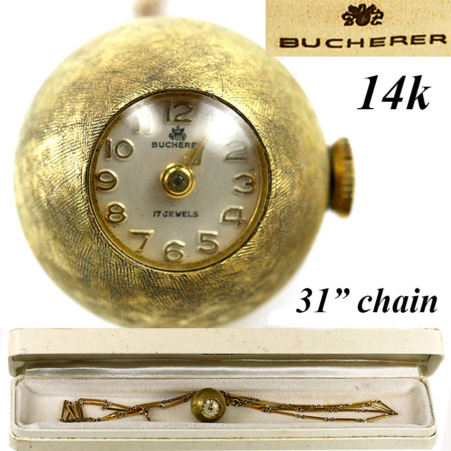 Antique Vintage c.1920s Swiss 14k Gold Bucherer Ball 17 Jewel Watch Pendant With 31" 12k Chain Necklace