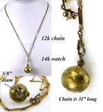 Antique Vintage c.1920s Swiss 14k Gold Bucherer Ball 17 Jewel Watch Pendant With 31" 12k Chain Necklace