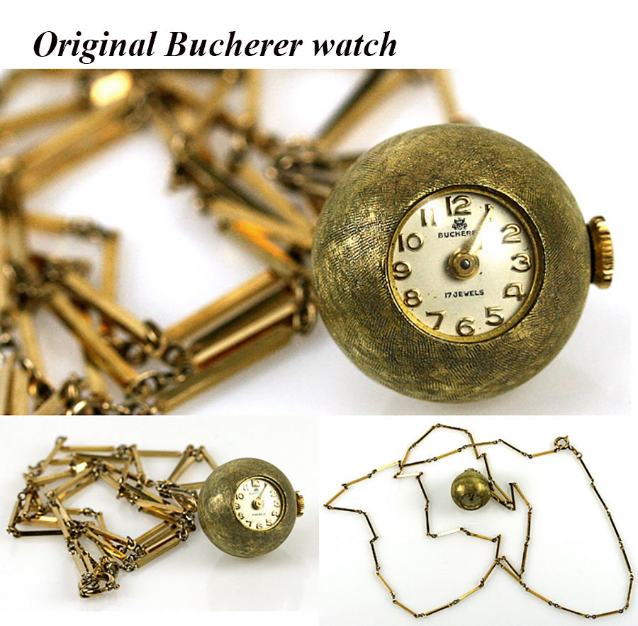 Antique Vintage c.1920s Swiss 14k Gold Bucherer Ball 17 Jewel Watch Pendant With 31" 12k Chain Necklace