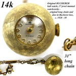 Antique Vintage c.1920s Swiss 14k Gold Bucherer Ball 17 Jewel Watch Pendant With 31" 12k Chain Necklace