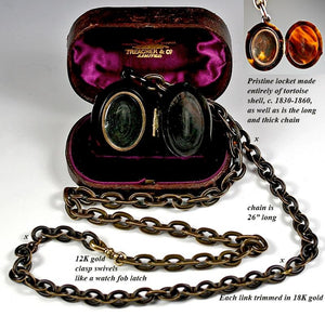 Victorian Mourning Locket, Tortoise Shell Double, RARE Big & Long Tortoiseshell Chain with 18K Gold Wire