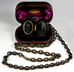 Victorian Mourning Locket, Tortoise Shell Double, RARE Big & Long Tortoiseshell Chain with 18K Gold Wire
