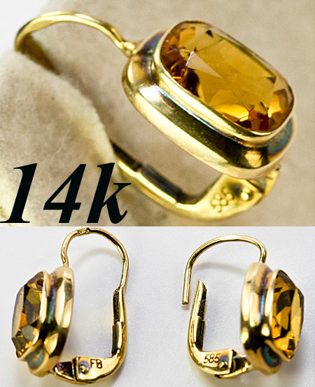 Antique to Vintage French Style Dormeuse 14k Gold Earrings, Large Oblong Citrine