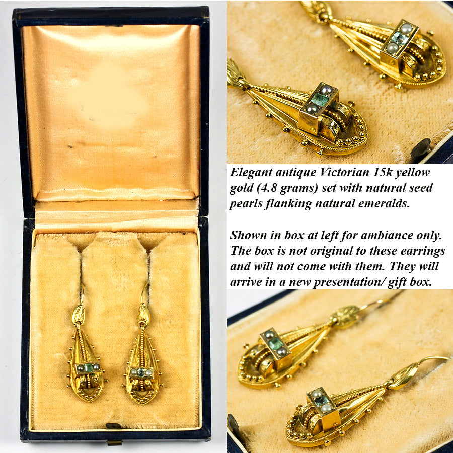 Antique Victorian 15K Gold, Tourmaline and Seed Pearl Earrings, Long Dangles, Etruscan Styling