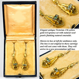 Antique Victorian 15K Gold, Tourmaline and Seed Pearl Earrings, Long Dangles, Etruscan Styling