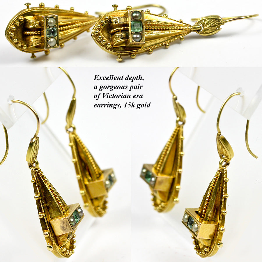 Antique Victorian 15K Gold, Tourmaline and Seed Pearl Earrings, Long Dangles, Etruscan Styling