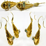 Antique Victorian 15K Gold, Tourmaline and Seed Pearl Earrings, Long Dangles, Etruscan Styling