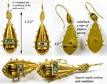 Antique Victorian 15K Gold, Tourmaline and Seed Pearl Earrings, Long Dangles, Etruscan Styling