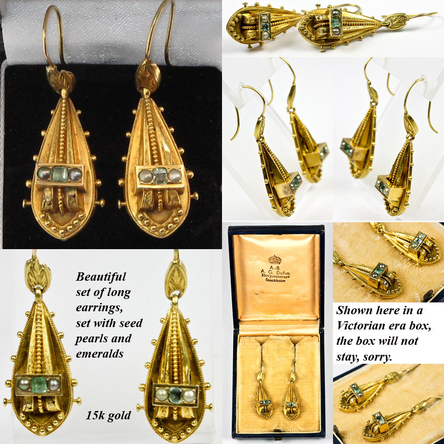 Antique Victorian 15K Gold, Tourmaline and Seed Pearl Earrings, Long Dangles, Etruscan Styling